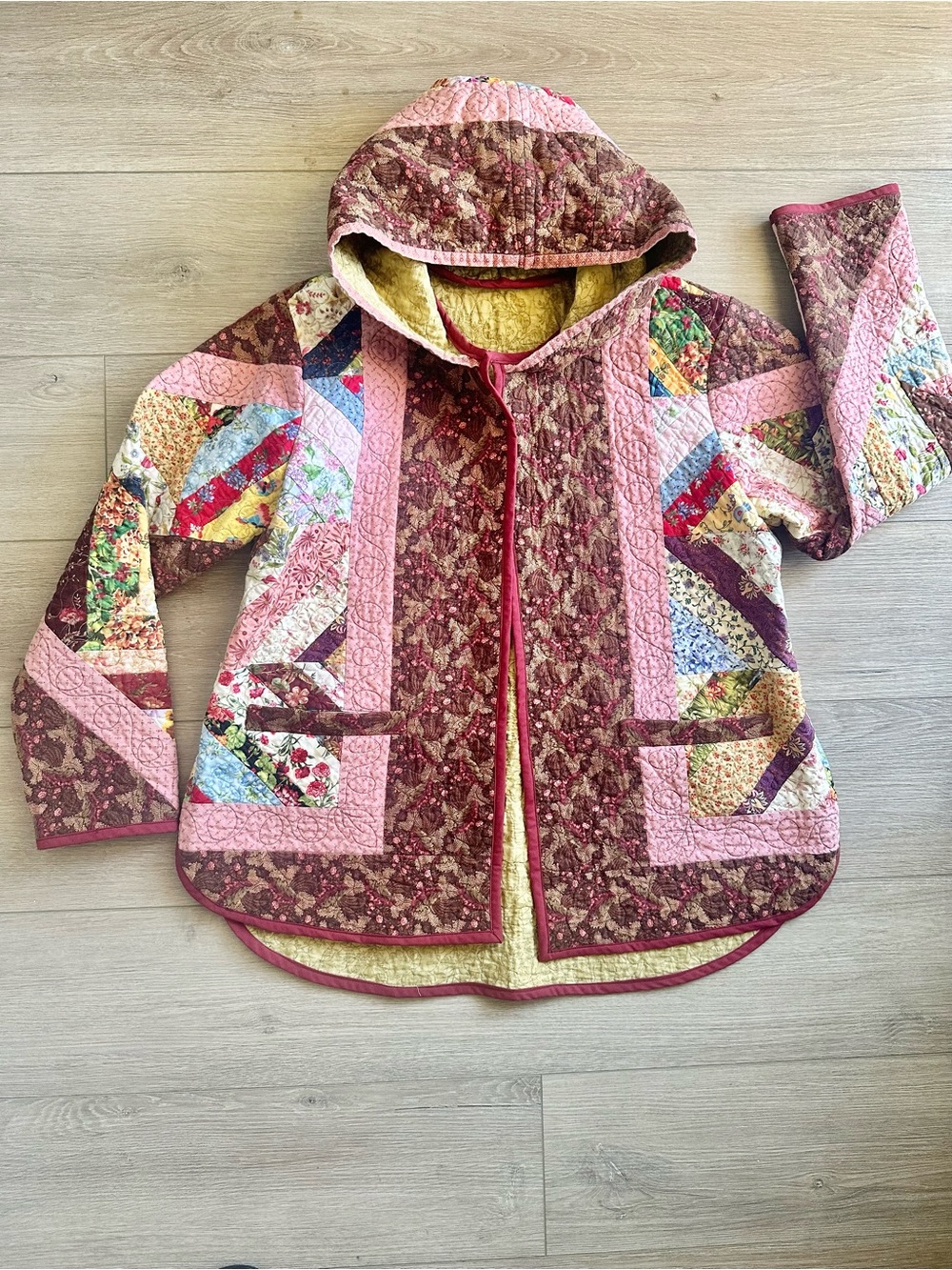 Handmade Women Quilted Patchwork Cottage-core Jacket in Pink & Burgundy
